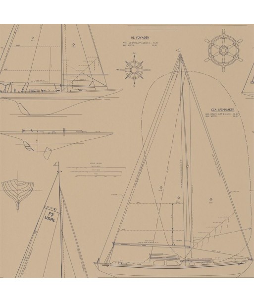 RL Boat Blueprint Vintage Blue Wallpaper de votre